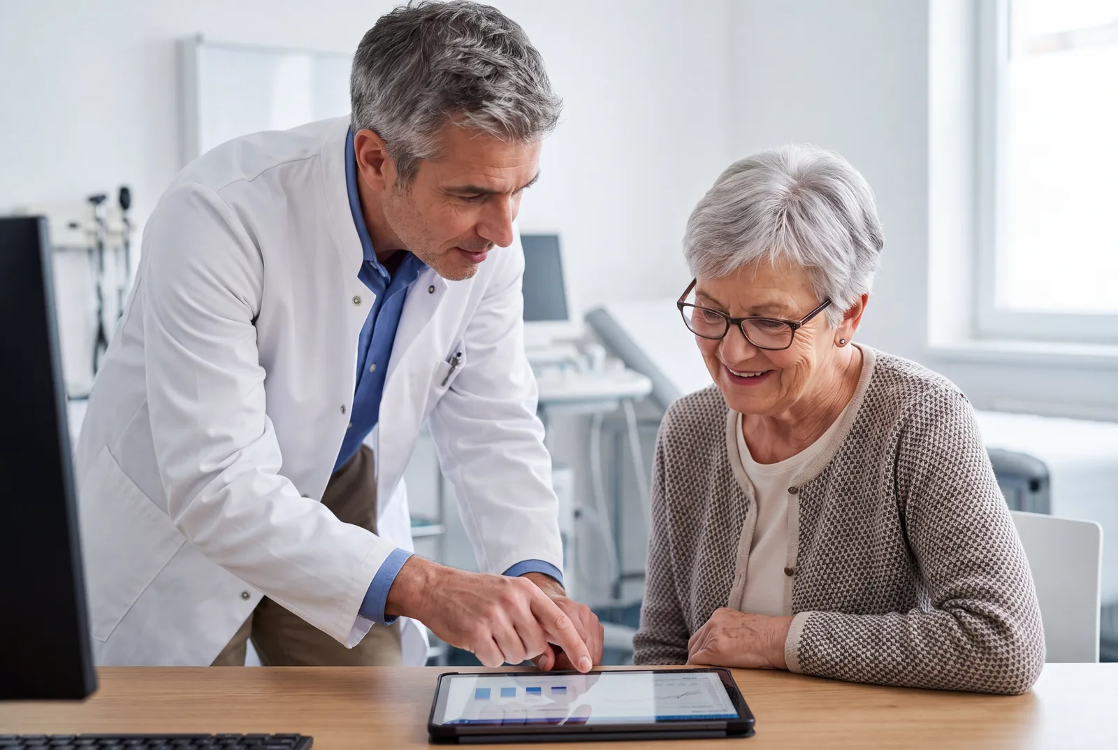 Doctor tablet senior at Urgent Care USA, Plant City FL