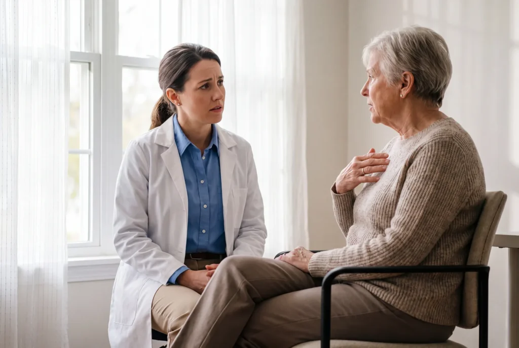 Senior woman consult at Urgent Care USA, Plant City FL