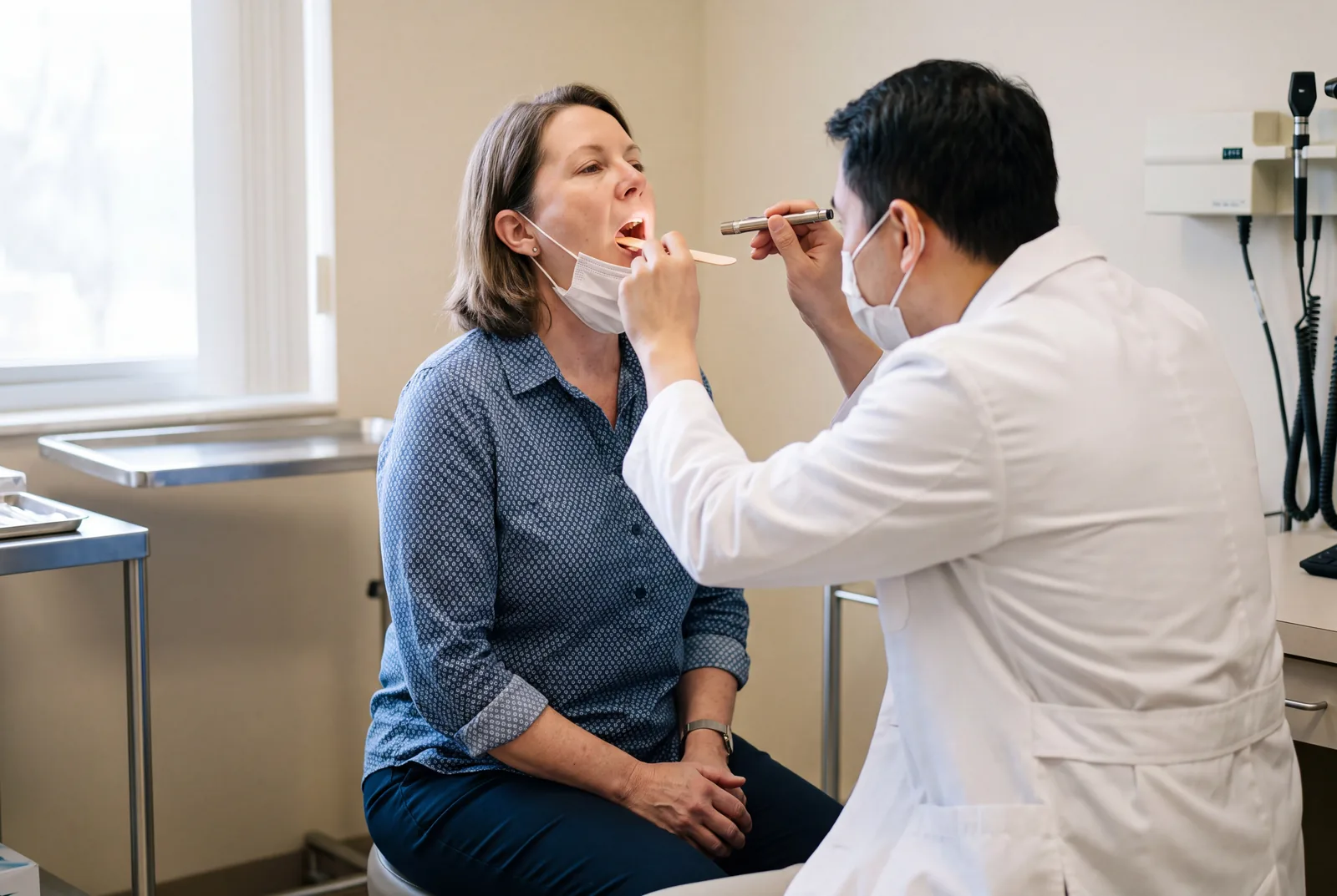 Throat examination at Urgent Care USA, Plant City FL